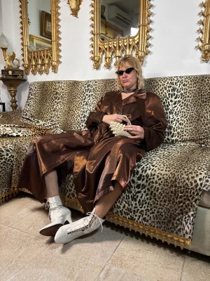 Shiny brown double-breasted trench coat